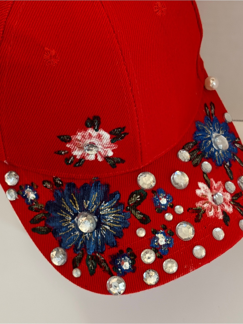 Red Embellished Floral Baseball Cap - Women Accessories